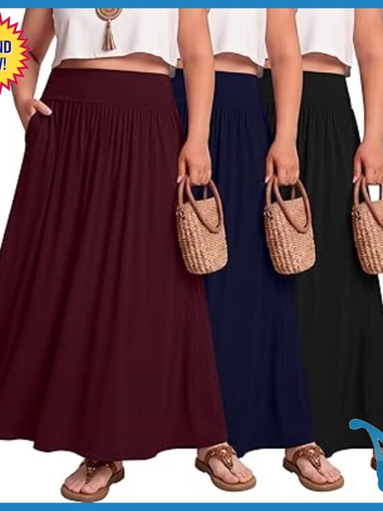 Dresses & Skirts - Plus Size Maxi Skirt with Pockets High Waist A-Line Flowy Casual